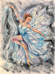 Watercolor beautiful ballerina. Modern, classical ballet. Dress, pointy shoes, gray background. Design element. 