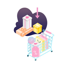 Fototapeta premium 3D Online Shopping on websites or mobile applications concept of vector marketing and digital marketing. Flat isometric vector illustration for online store promotion, E-commerce, and add to chart.