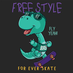 Cool dinosaur playing skateboard. t-shirt design.