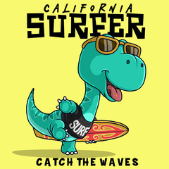 Dinosaur carrying a surfboard. t-shirt design. © kancut