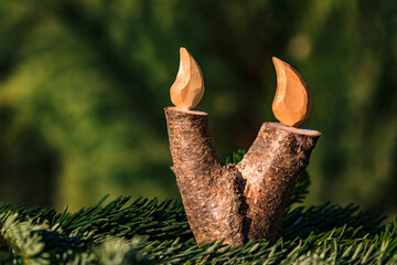 Eine weihnachtlicher Kerze mit Flamme aus Holz in einem Tannenzweig freigestellt vor einem natürlichen grünen Hintergrund