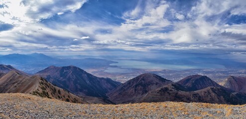 Provo Peak views from top mountain landscape scenes, by Provo, Slide Canyon, Slate Canyon and Rock Canyon, Wasatch Front Rocky Mountain Range, Utah. United States. 