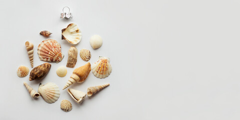 Christmas in July. Christmas flat lay with sea shells on white background