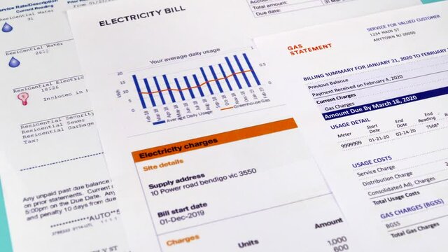 Communal payments. Utility statement, Gas statement and Electricity bill. Close-up