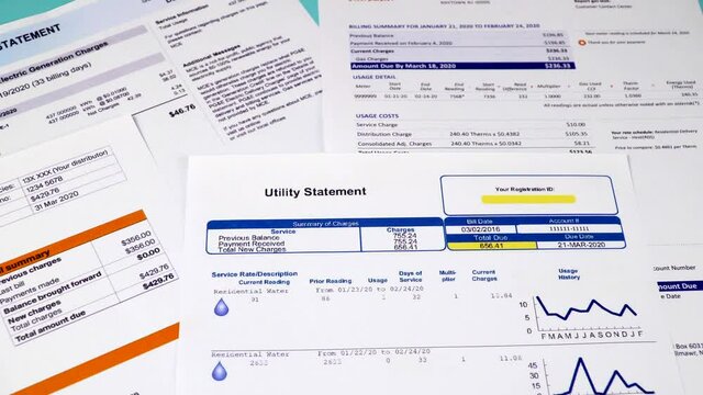 Communal payments. Utility statement, Energy statement and Gas statement, close-up. Zoom in video shot