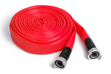 Rolled red fire hose isolated on the white background with clipping path. 