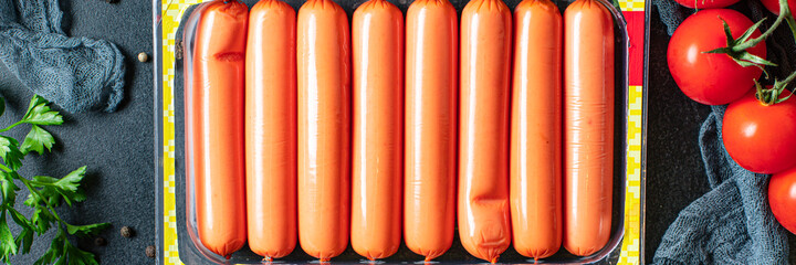 sausages seitan wheat protein classic taste vegetarian or vegan second course snack ready to eat on the table healthy meal snack ingredient top view copy space for text food background rustic