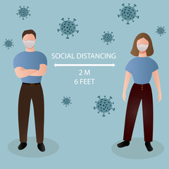 Woman and man character  illustration with surgical or medical face mask maintain social distancing to prevent virus spreading.