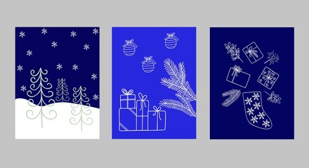 Obraz na płótnie Canvas Merry Christmas and New Year greeting cards set with hand drawn outline trendy ornament for winter holidays design