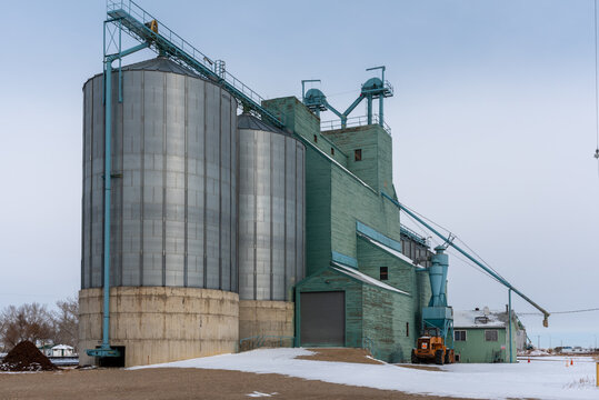 Beiseker, Alberta - November 14, 2020:  Large Grain Elevator In The Rural Community Of Beiseker. 