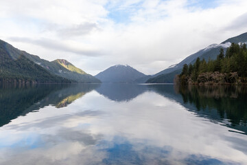 Cloudy mountain reflections at Lake Crescent in Olympic National Park, Washington