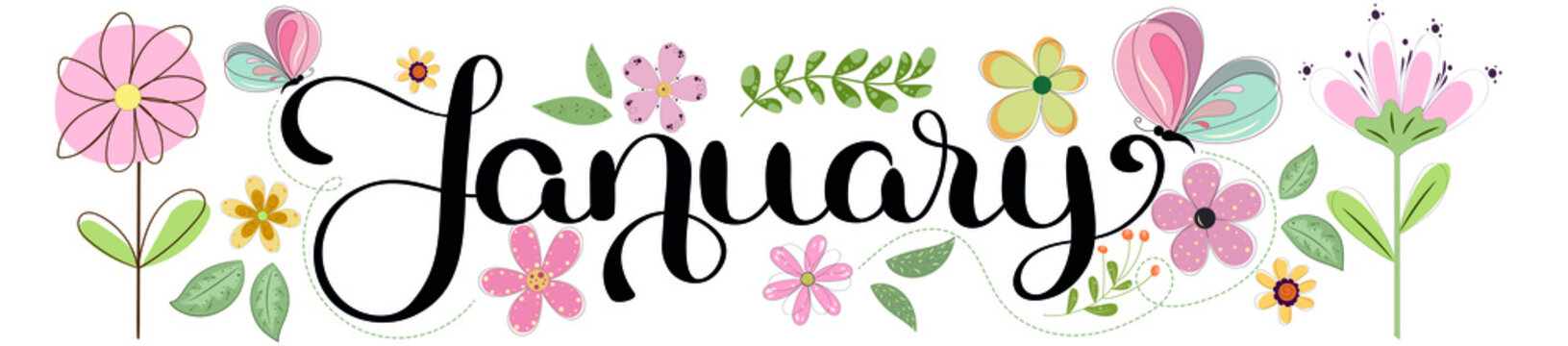 JANUARY VECTOR. January month vector with flowers, butterflies and leaves. Decoration floral. Illustration month January	