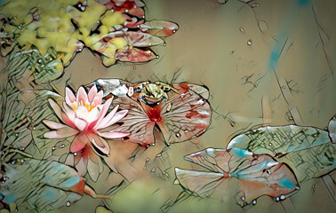 White or pink nymphaea or water lily flower macro shot with water drops on petals in water of garden pond with green leafs
