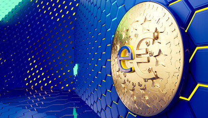 concept of Europe, e-Euro currency hexagonal grid background 3d-illustration
