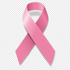 Realistic Pink Ribbon Symbol Of Breast Cancer Awareness Transparent Background With Gradient Mesh, Vector Illustration - obrazy, fototapety, plakaty
