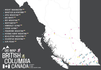 Ski map of British Columbia, Canada. BC Map with icons for winter resorts, skiing and cross-country skiing. Winter tourist ski guide or information. Concept for "Where can I ski in BC". Dark theme.