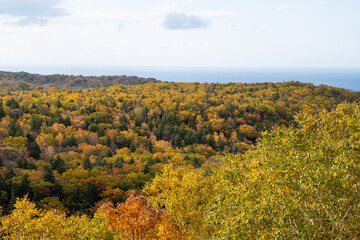 Fototapeta na wymiar 秋の知床　カムイワッカへの道から見た紅葉の原野とオホーツク海（北海道・斜里町）