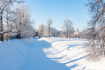 Cross bridge and Chinese village in winter in Alexander park, Tsarskoe Selo (Pushkin), Saint Petersburg, Russia