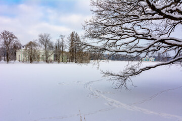 Concert Hall and Grotto pavilion in Catherine park in winter, Tsarskoe Selo (Pishkin), St. Petersburg, Russia