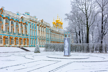 Saint Petersburg, Russia - November 2020: Catherine palace and park in winter, Tsarskoe Selo...