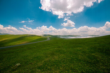 mountain road and green grass