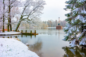 Grand pond in Catherine park in winter, Tsarskoe Selo (Pushkin), Saint Petersburg, Russia