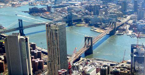 Panoramic High Angle view landscape of New York downtown and brooklyn cityscape of Brooklyn bridge Manhattan bridge and Williamsburg bridge in New York City, New York State NY, USA