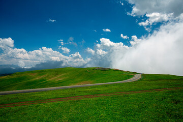 mountain road and green grass