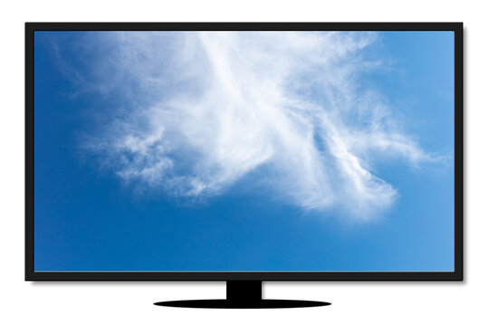 TV, PC, lcd, led screen wall panel, isolated on white background. Screen with image blue sky with clouds.