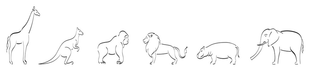 Black outline set of kangaroo, giraffe, monkey, elephant, lion, hippo