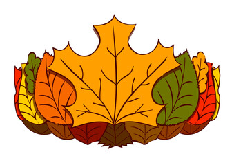 Autumn princess crown made of dry fallen leaves. Color image with a dark outline. On a white background.