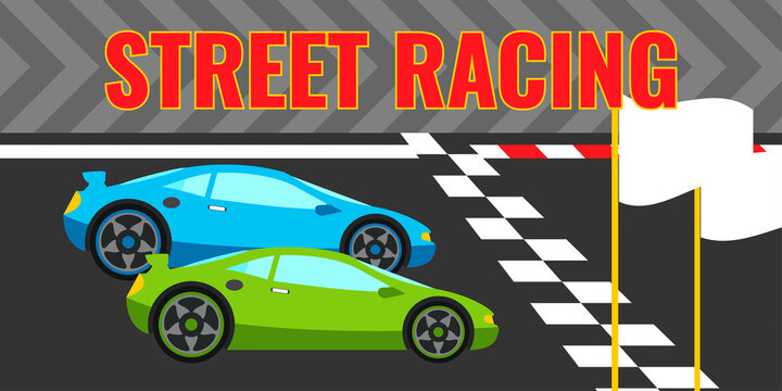 Street racing club poster, banner concept design. Blue and green sport car on road. Vector illustration