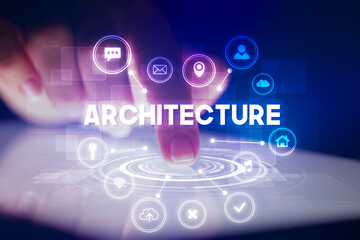 Obraz premium Finger touching tablet with web technology icons and ARCHITECTURE inscription, web technology concept