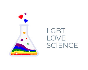 LGBT Love Science. The flask with rainbow liquid and hearts in colors of the LGBT flag