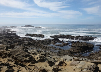 Fototapeta na wymiar Tafoni weathering of rock on a beach in California