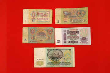 Soviet Union paper money on red background