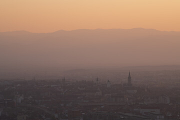 Fototapeta premium Sunset landscape over Sibiu city, Transylvania, Romania, Sunset Over Sibiu