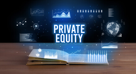PRIVATE EQUITY inscription coming out from an open book, creative business concept