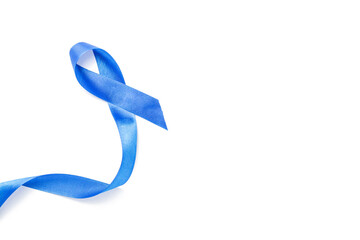 Blue ribbon. Awareness of men health in November with blue prostate cancer ribbon isolated on white background. Symbol of oncology affected man. Copy space.
