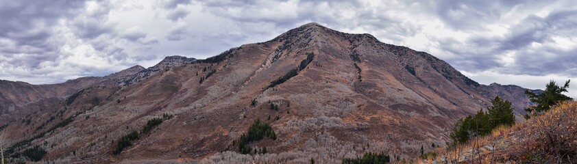 Provo Peak mountain views looking up to the top from Rock Canyon by Slide Canyon, Slate Canyon, Wasatch Front Rocky Mountain Range, Utah. United States. 