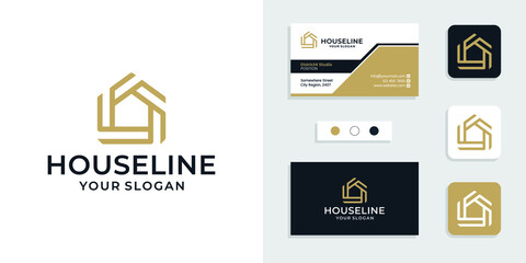 Fototapeta na wymiar Geometric house logo icon with linear style and business card design template