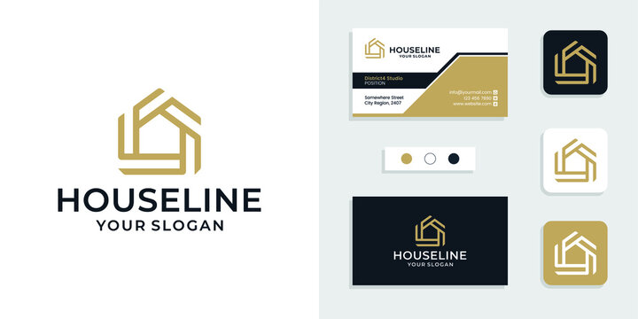 Geometric house logo icon with linear style and business card design template