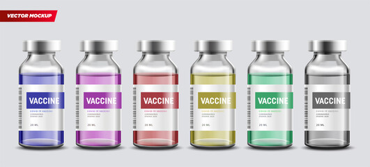 Set of transparent glass medical vials with colorful cap. Set of ampoules with vaccine or drug for medical treatment. Realistic 3d mockups of bottles with medicament for injection.Coronavirus vaccine 