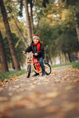 Fototapeta premium little boy riding a balance bike in the city in autumn