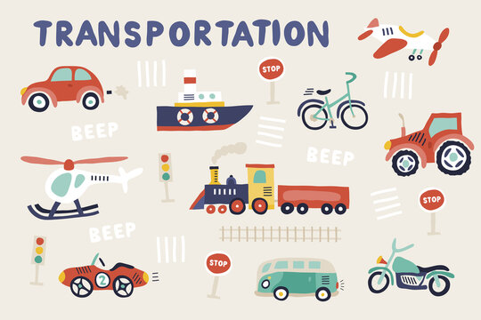 Little boy hand-drawn cute colorful transportation bundle