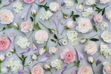 Delicate blossoming pink rose frame, blooming flowers pastel festive background, soft bouquet floral card, toned