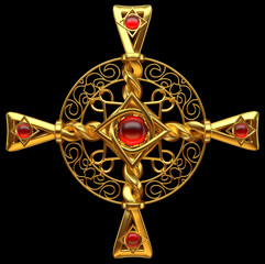Gold cross on black background. 3d illustration
