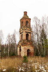 Abandoned three-tiered Orthodox bell tower, Church of the Holy Trinity in Troitsa-Zazharye, Russia, Kostroma region
