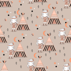 Seamless pattern with wigwam and girl. Flat illustration © Larysa