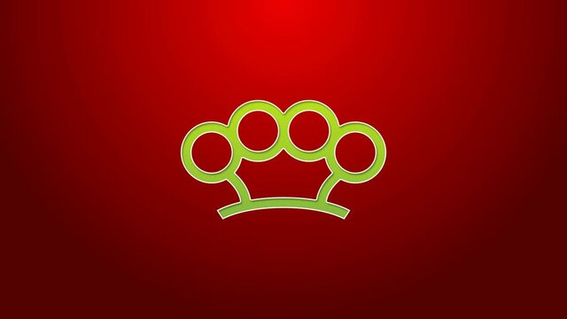 Green line Brass knuckles icon isolated on red background. 4K Video motion graphic animation